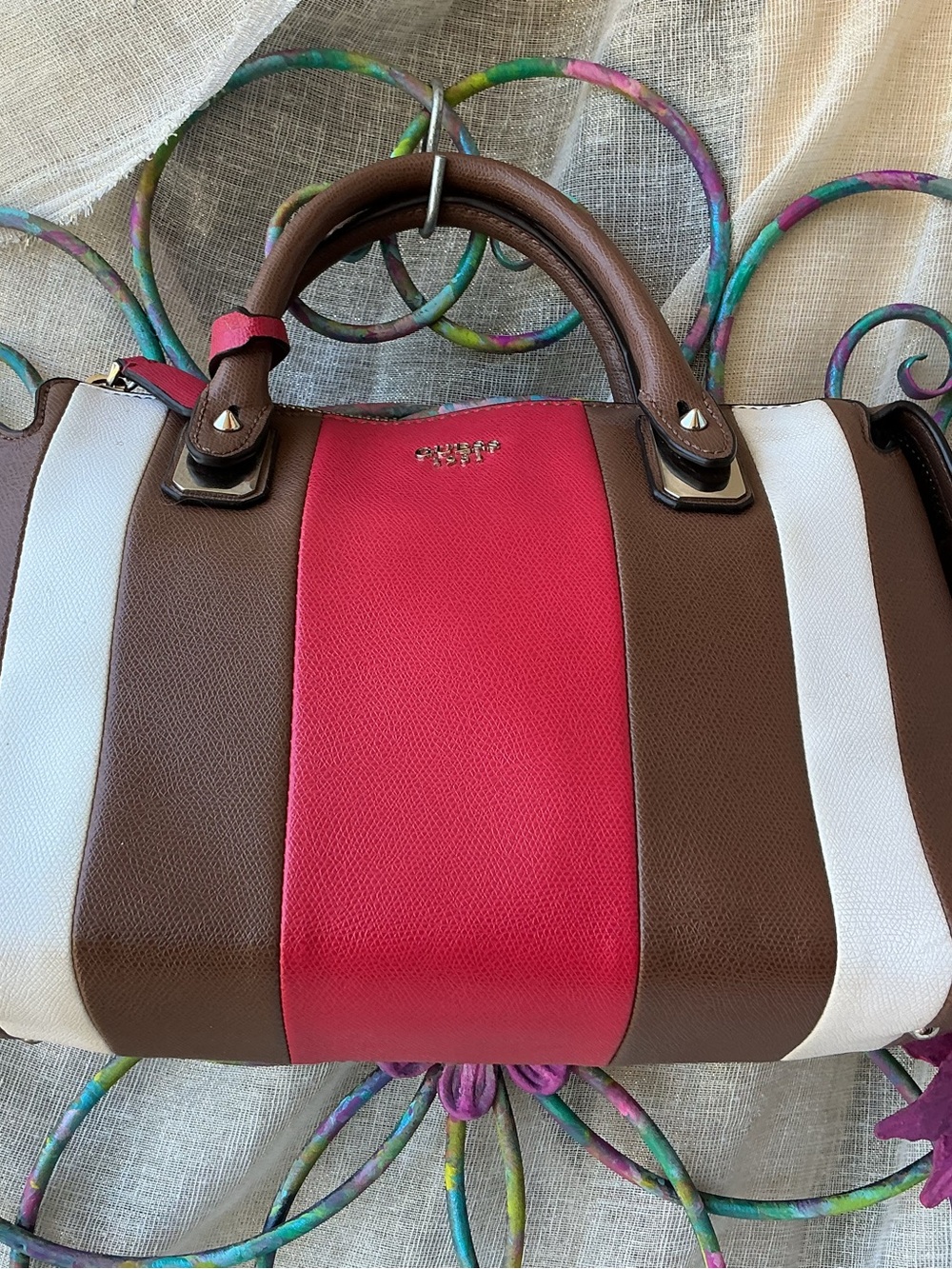 Guess Colorblock Leather Satchel in Brown, White & Pink